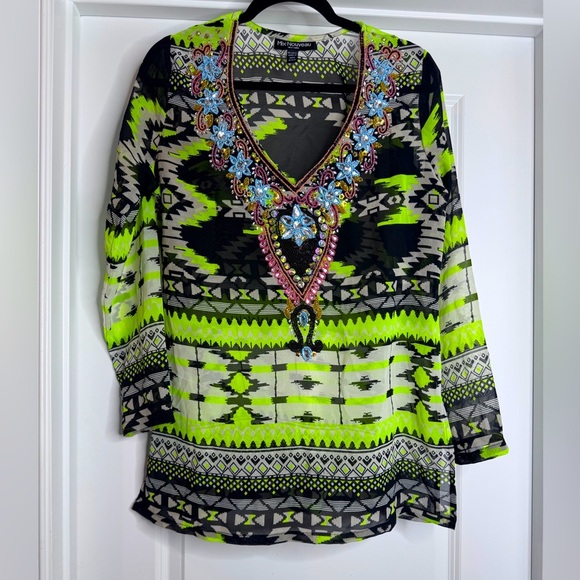 Mix Nouveau Tops - Women’s Mix Nouveau Sheer Boho Beach Swim Cover Up Tunic Beaded Embellishments